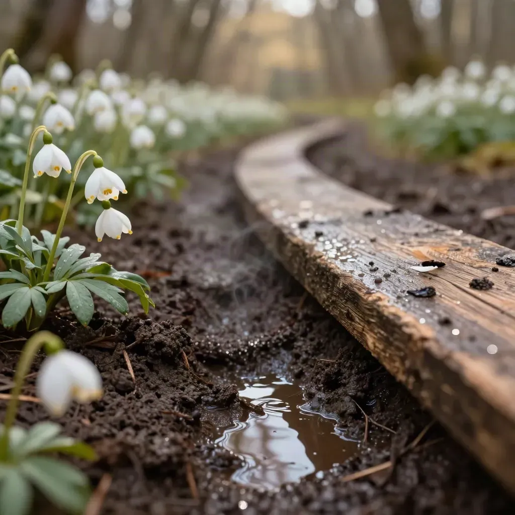 Sentiero di primavera fangoso con anemoni bianchi, foglie di faggio e tavola di legno su una pozza.