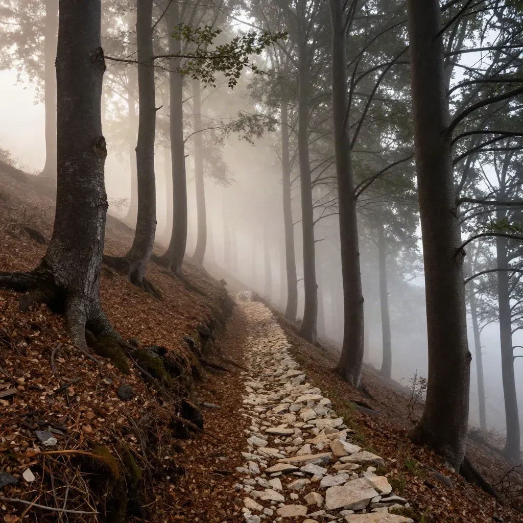 Nebbia bassa tra i faggi d’Abruzzo su un pendio ripido, con sentiero che sale al crinale.