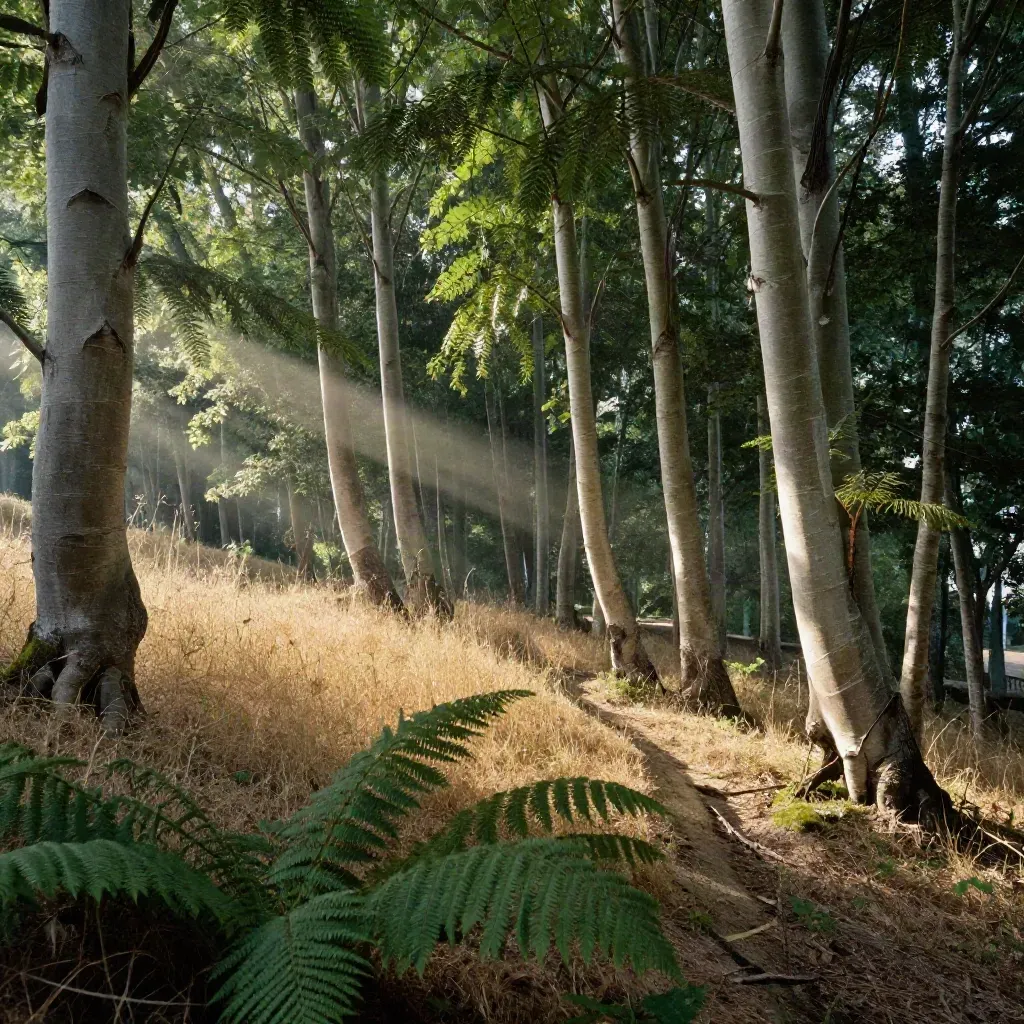Bosco estivo del Cansiglio con felci, faggi alti e sentiero chiaro tra sole e ombra.