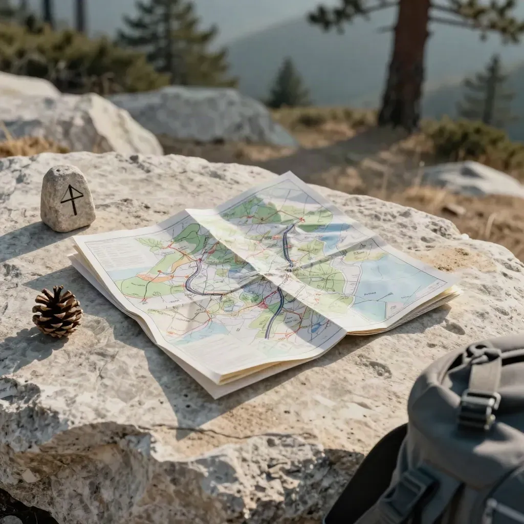 Mappa di parco piegata su roccia chiara con segnavia di pietra e pigna nel vento.