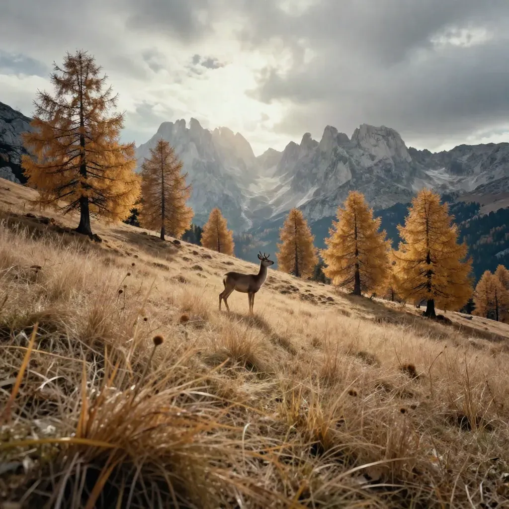 Cervo nel Gran Paradiso tra larici radi e creste chiare, con luce tra le nuvole.