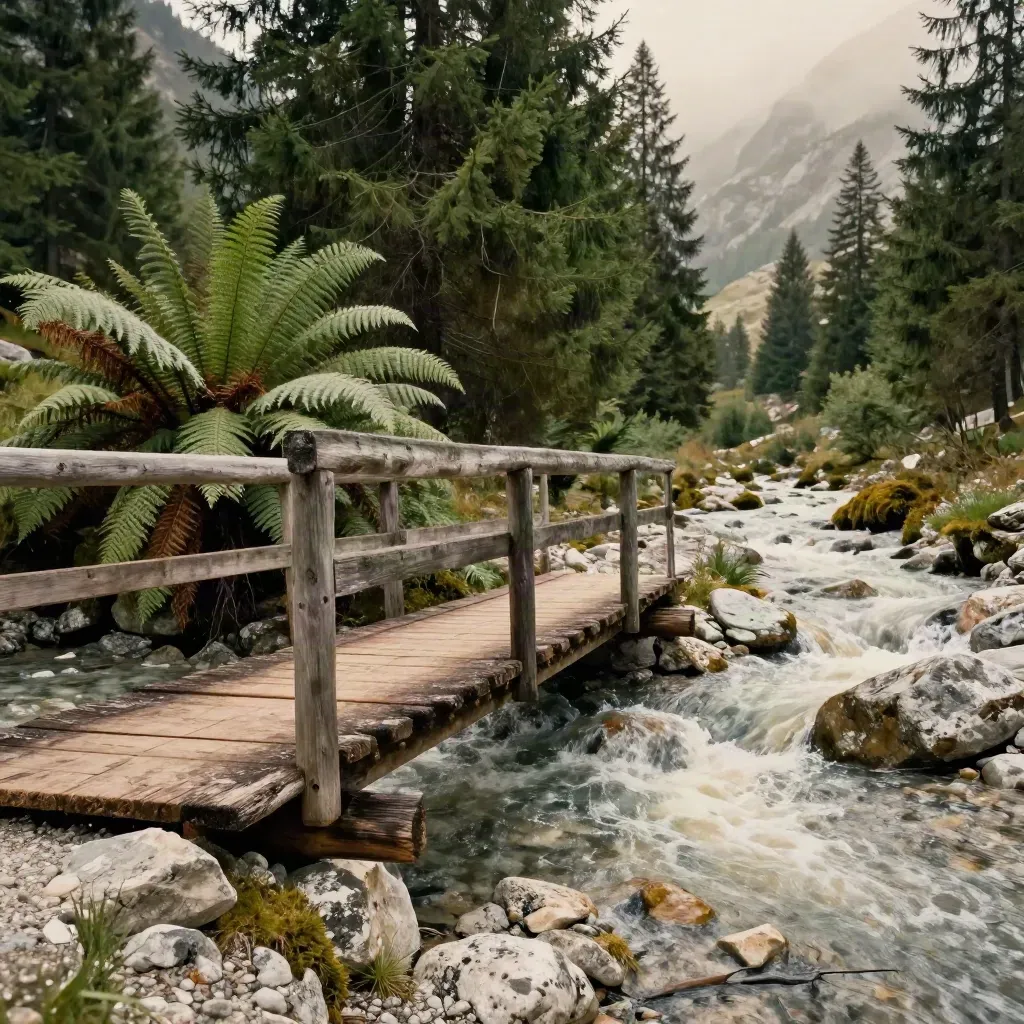 Ponticello di legno su ruscello tra abeti e felci nelle Alpi del Friuli