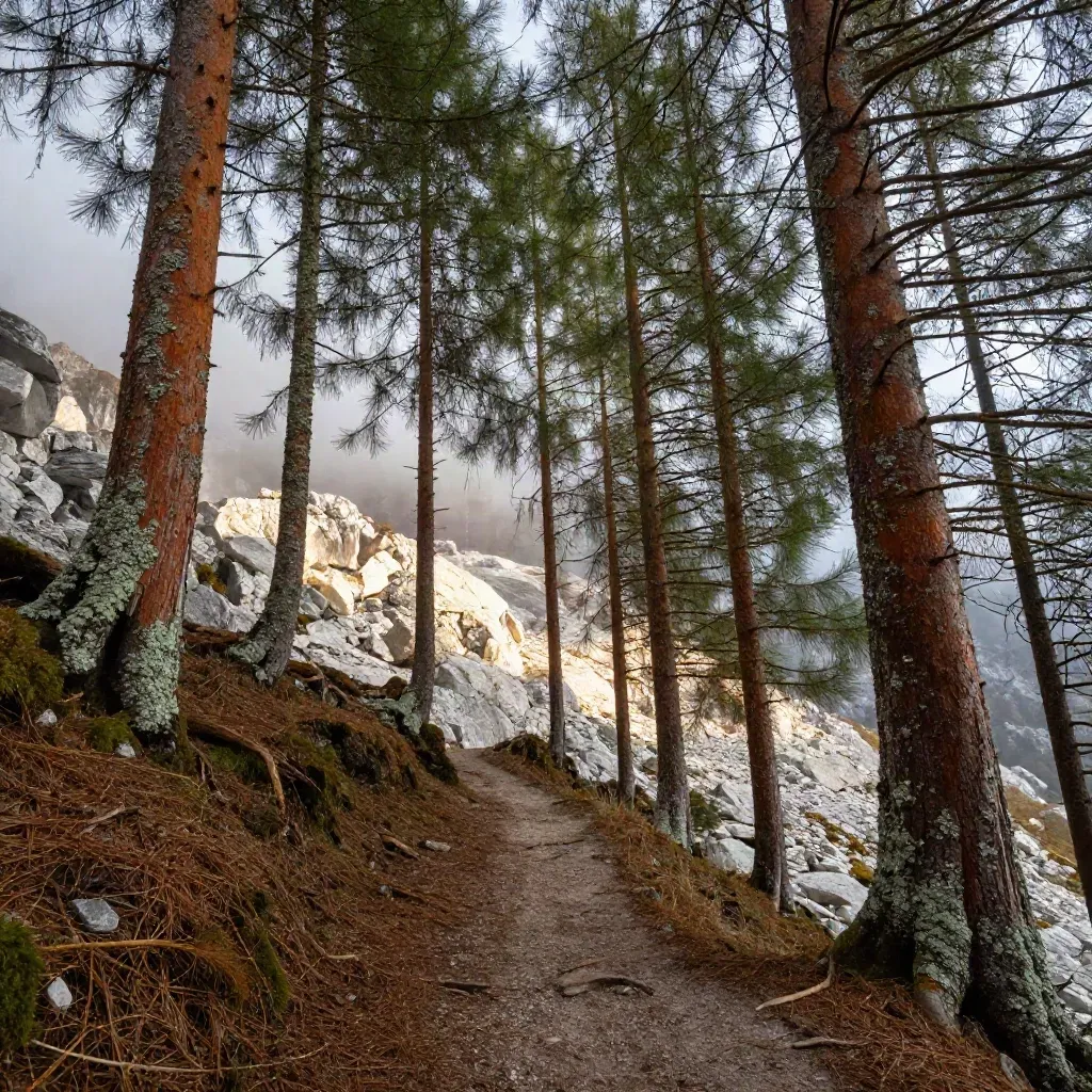 Larici del Bosco di Fiemme illuminati da un raggio di sole su un sentiero facile e nebbiolina.