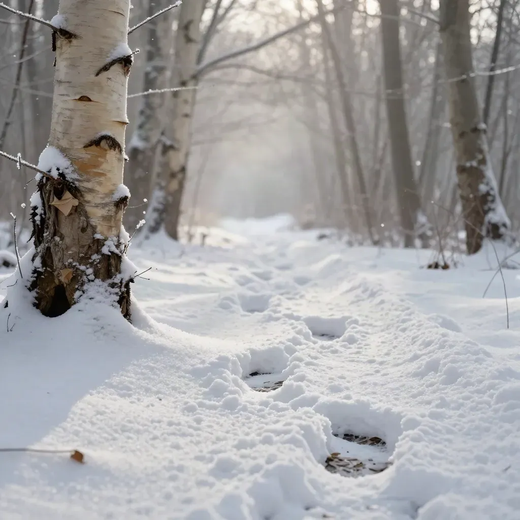 Bosco di faggi innevati con sentiero breve e impronte nel bianco, neve fine che cade.