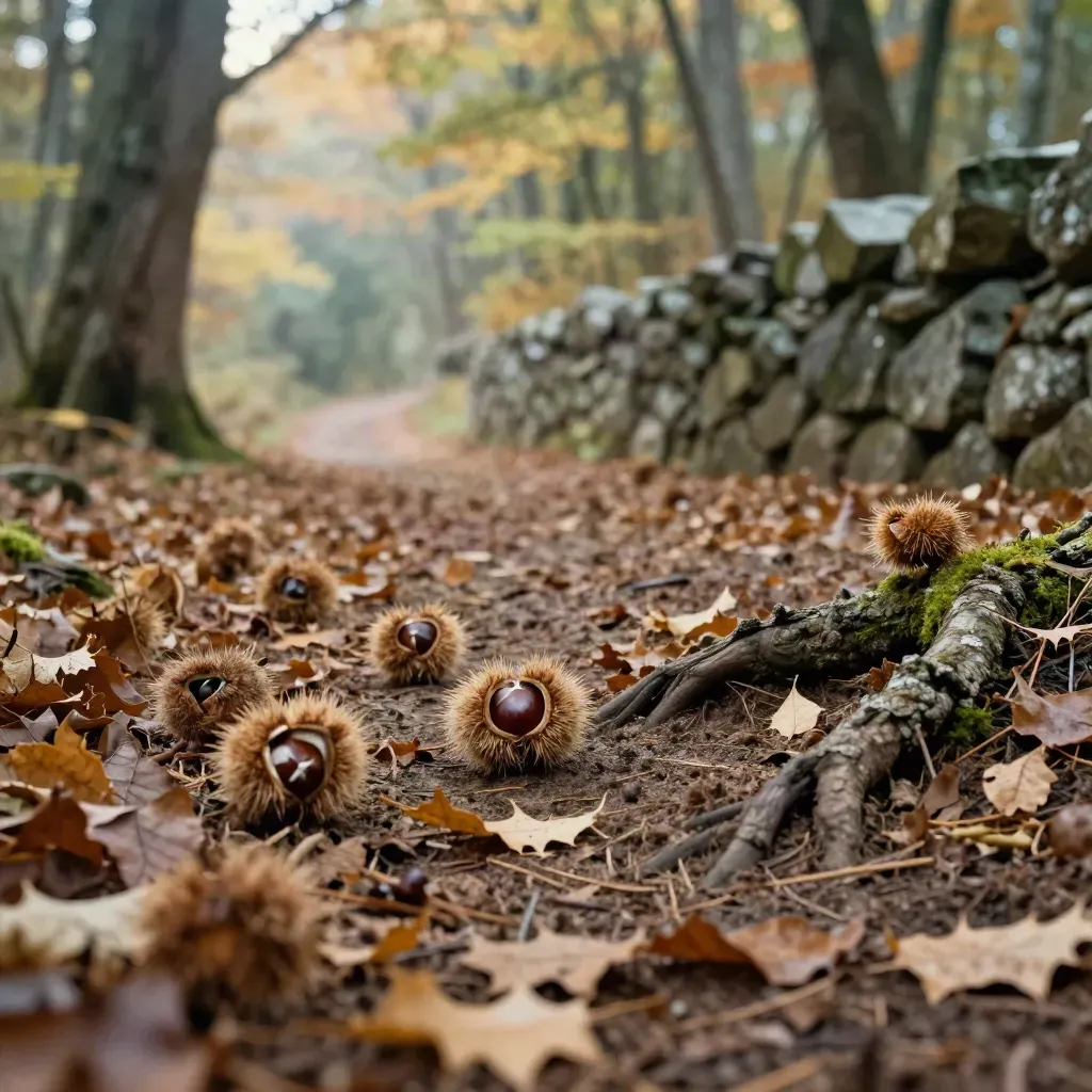 Sentiero dei castagni con ricci aperti, foglie secche e muretto a secco in luce autunnale