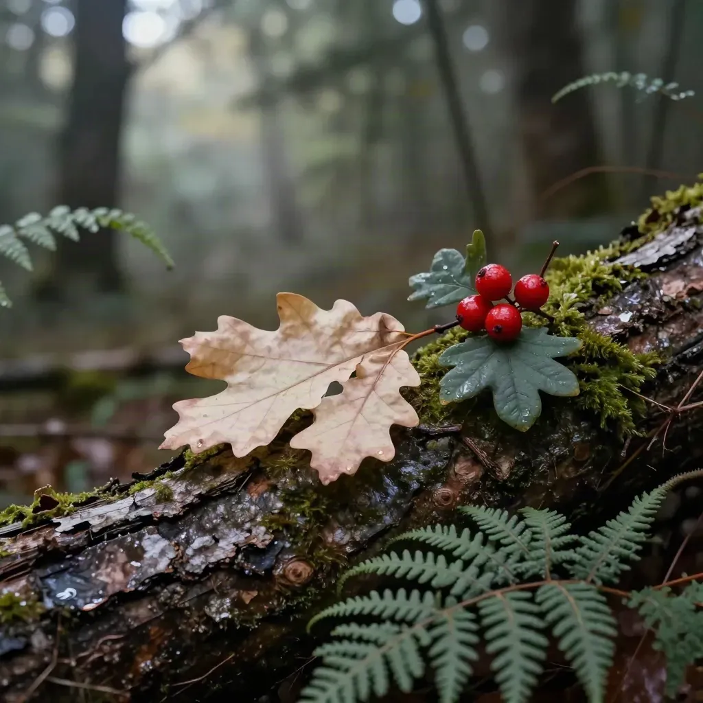 Foglie, cortecce, bacche e felci su un tronco caduto nel bosco, con sfondo sfocato.